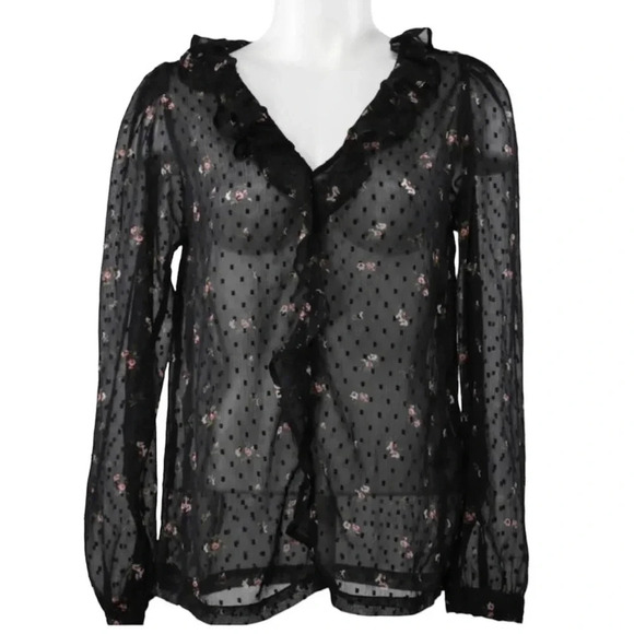 All Saints Tops - ALLSAINTS Sheer Floral Ruffle Blouse Top US 2 V-Neck Ruffle Trim Black Viscose